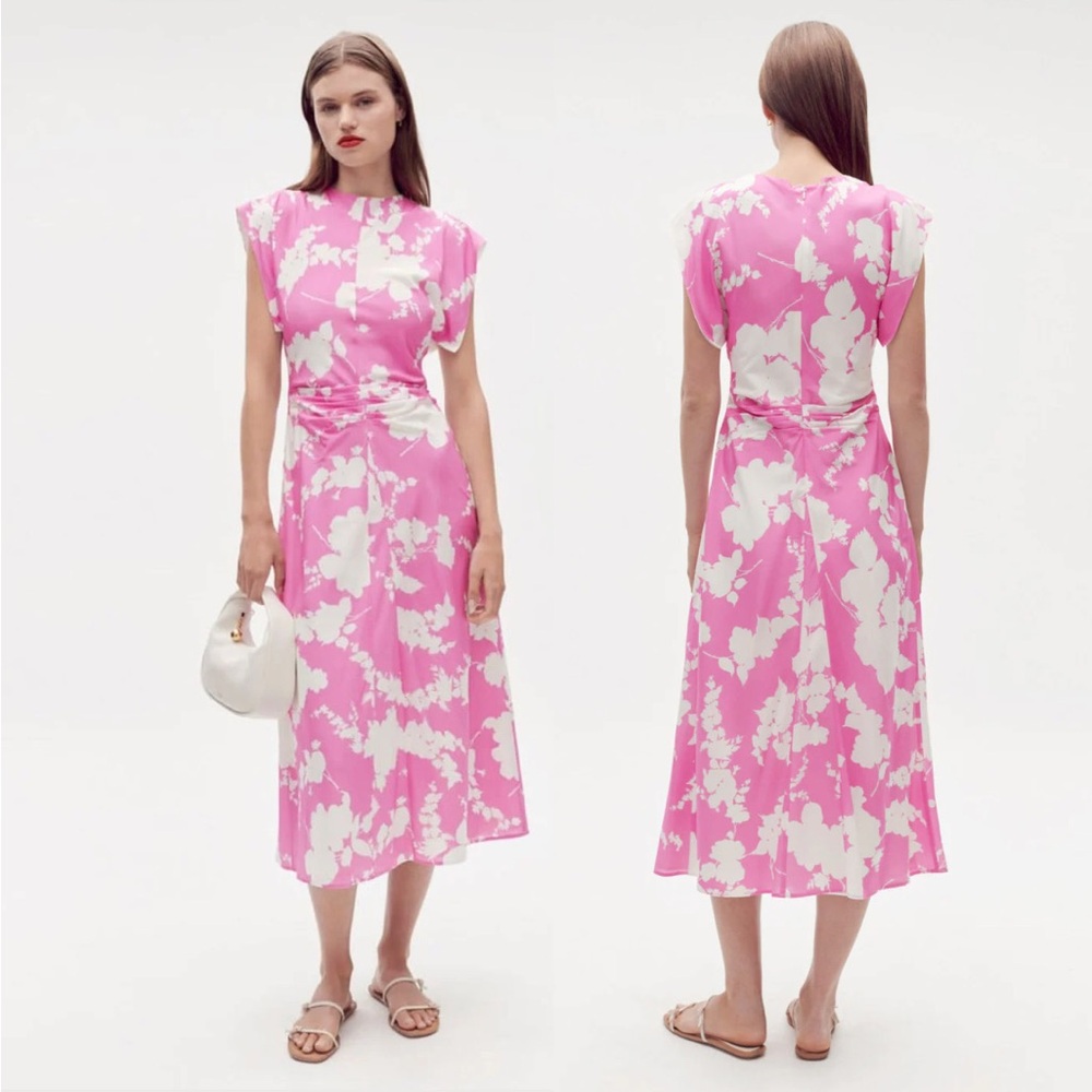 Oroton || Silhouette Print Silk Dress Midi Floral Pink White AU 12 US 8‎ NWT